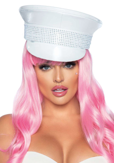 Rhinestone Trimmed Military Hat White