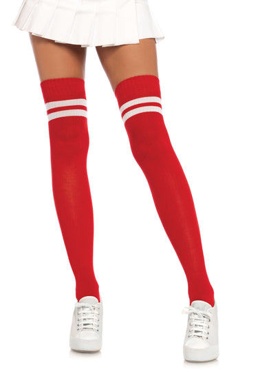 Ribbed Athletic Thigh Highs Red and White